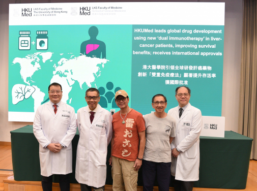 HKUMed has pioneered a ‘dual immunotherapy’ combination for treating liver cancer patients since 2016, significantly improving survival rates and tumour control. (From left) Professor Cheung Tan-to, Dr Thomas Yau Chung-cheung, patients Mr Ng and Mr Lee, and Dr Ronald Leung Ching-yu.
 